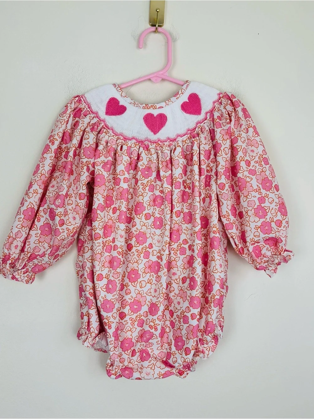 Poppy kids white and pink floral heart smocked long sleeve bubble. 18m